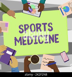 Handwriting text Sports Medicine. Business concept Treatment and prevention of injuries related to sports Colleagues Office Meeting Having Coffee Discussing Future Projects Charts. Stock Photo