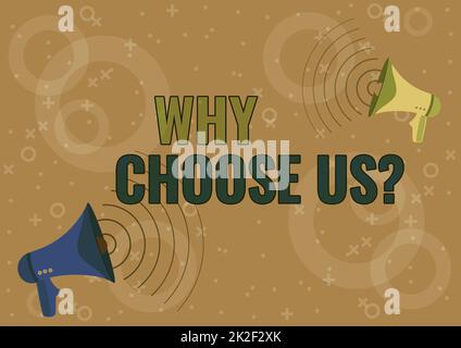 Handwriting text Why Choose Usquestion. Internet Concept Why Choose Usquestion Pair Of Megaphones Drawing Producing Sound Waves Making Announcement. Stock Photo