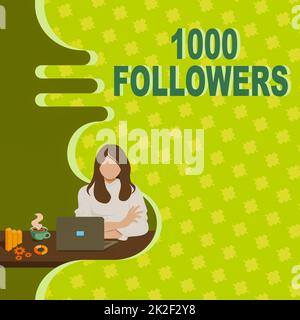 Inspiration showing sign 1000 Followers. Business concept number of individuals who follows someone in Instagram Woman Sitting Using Laptop Online Session Discussing Latest Projects. Stock Photo
