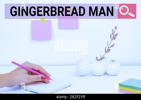 Text sign showing Gingerbread Man. Word Written on cookie made of gingerbread usually in the shape of human Tidy Workspace Setup, Writing Desk Tools Equipment, Smart Office Stock Photo