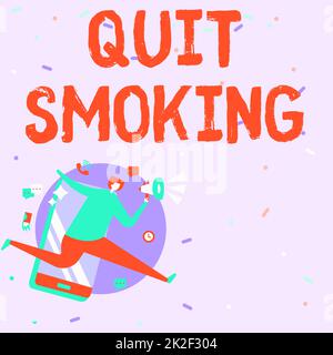 Text caption presenting Quit Smoking. Word for process of discontinuing tobacco and any other smokers Man Drawing Holding Megaphone Running With Phone Making Comments. Stock Photo