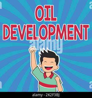 Text caption presenting Oil Development. Business idea act or process of exploring an area on land or sea for oil Cheerful Man Enjoying Accomplishment With Spiral Background Raising Hand. Stock Photo