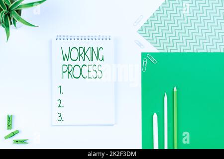 Sign displaying Working Process. Word Written on Working Process Multiple Assorted Collection Office Stationery Photo Placed Over Table Stock Photo