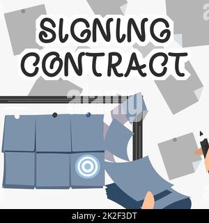 Writing displaying text Signing Contract. Word Written on the parties signing the document agree to the terms Backdrop Presenting Sticky Notes Hands Writing Paper Having Set Goals. Stock Photo