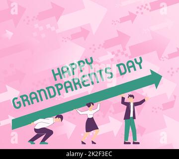 Text showing inspiration Happy Grandparents Day. Business approach National holiday to celebrate and honor grandparents Four Colleagues Drawing Standing Holding Large Arrow For Success. Stock Photo