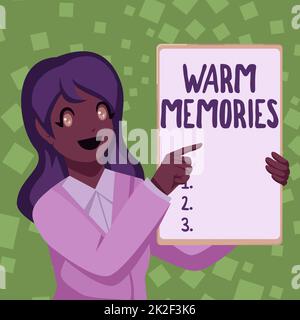 Handwriting text Warm Memories. Business approach Warm Memories Business Woman Drawing Holding Blank White Board Presenting Announcements Stock Photo