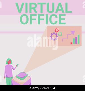 Writing displaying text Virtual Office. Internet Concept part of flexible workspace industry without any fixed place Lady Standing Holding Projector Remote Control Presenting Graph Growth. Stock Photo
