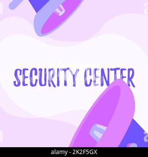 Text caption presenting Security Center. Business approach centralized unit that deals with security issues of company Pair Of Megaphone Drawing Making Announcement In Chat Cloud. Stock Photo