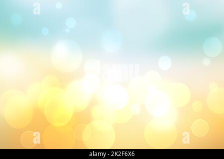 Hello spring background. Abstract delicate bright spring or summer landscape texture with natural yellow white bokeh lights, sunshine and blue sky. Beautiful backdrop with space. Stock Photo