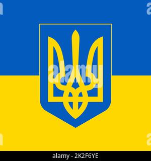 The official coat of arms of the independent country of Ukraine on the background of the flag - Vector Stock Photo