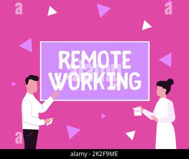 Inspiration showing sign Remote Working. Business overview situation in which an employee works mainly from home Illustration Of Couple Presenting Ideas Holding Notes Sticking On Boards. Stock Photo