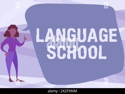 Writing displaying text Language School. Business concept educational institution where foreign languages are taught Illustration Of Woman Speaking In Chat Cloud Discussing Ideas. Stock Photo