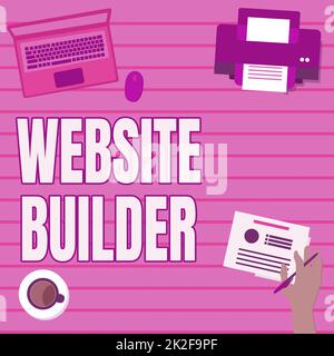 Text sign showing Website Builder. Business concept Website Builder Hand Holding Pen Creating Plans For New Amazing Ideas Stock Photo