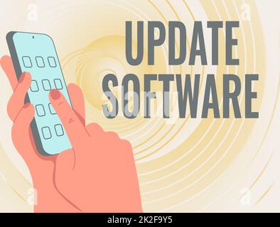 Writing displaying text Update Software. Word Written on replacing program with a newer version of same product Hands Holding Technological Device Pressing Application Button. Stock Photo