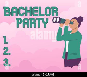 Writing displaying text Bachelor Party. Word Written on Party given for a man who is about to get married Stag night Woman Looking Through Hand Held Telescope Seeing New Opportunities. Stock Photo