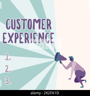 Text caption presenting Customer Experience. Business overview Interaction between Satisfied Customer and Organization Illustration Of A Person Kneeling Using Megaphone Making New Announcement. Stock Photo