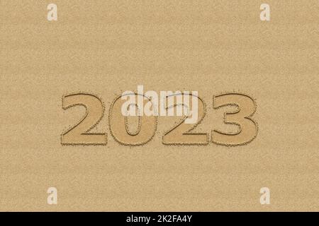 3D illustration New Year concept 2023 design with text sand design. Stock Photo