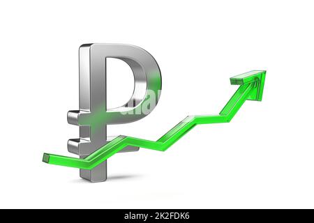 Russian ruble symbol with green arrow pointing up Stock Photo