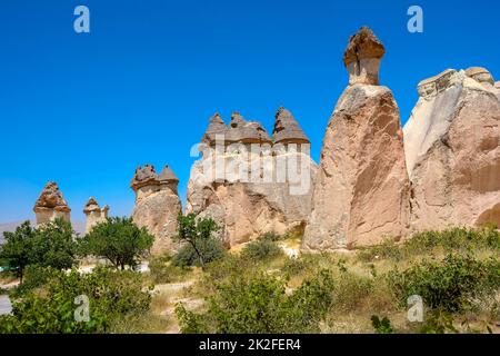 Typical, famous rock formations in Cappadocia Stock Photo