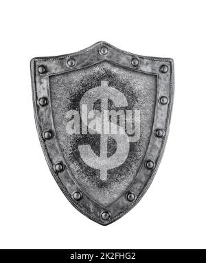 Old medieval shield with dollar sign isolated on white background with clipping path Stock Photo