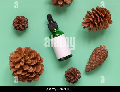 Dropper Bottle near pine cones on blue top view. Brand packaging mockup. Stock Photo