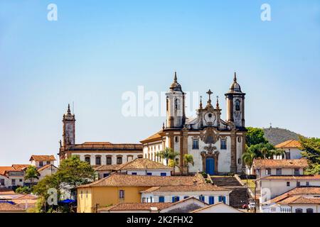Bottom view of the historic center of Ouro Preto city with houses, churches and monuments Stock Photo