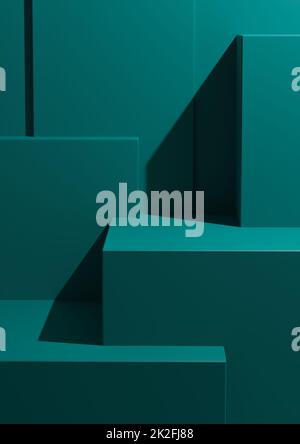 Minimal Teal Background 3D Studio Mockup Scene with Podiums and Levels for Product Display and Presentation Stock Photo