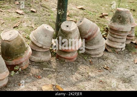 Stack of Earthen flower tubs on garden. Clay flower pots on the garden front yard. Stock Photo