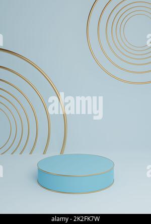 Light, pastel, baby blue 3D rendering minimal product display luxury cylinder podium or product background abstract composition with golden lines and circles Stock Photo