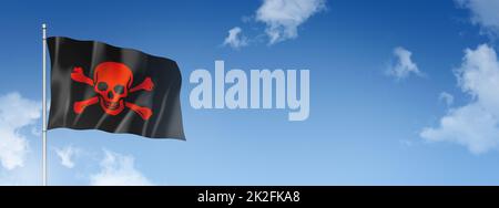 Pirate flag, Jolly Roger, isolated on a blue sky. Horizontal banner Stock Photo