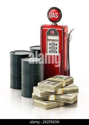 Retro fuel pump, oil barrels and pile of dollar bills. 3D illustration Stock Photo