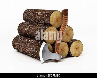 Wood logs and axe isolated on white background. 3D illustration Stock Photo