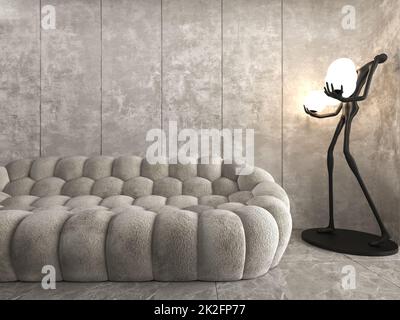 Interior design, modern living room with large sofa and a lamp. Large concrete walls and concrete floor. 3d render. Stock Photo