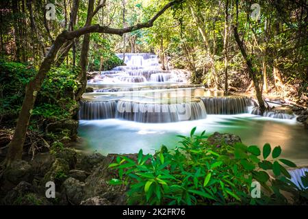 Huay Mae Khamin Waterfall in Srinakarin Dam National Park. Kanchanaburi Thailand. cascade waterfall tropical forest Stock Photo
