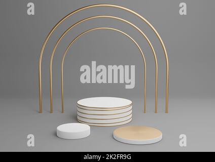 Dark graphite gray, black and white 3D rendering simple product display cylinder podiums with luxury gold arch and lines three stands minimal background abstract composition Stock Photo