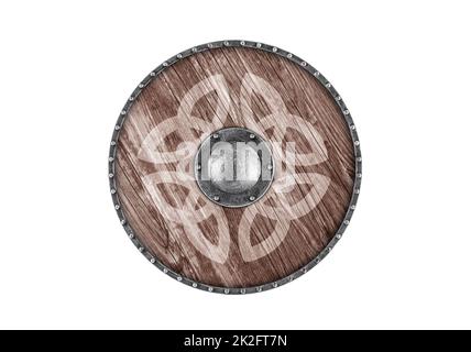 Old decorated wooden round shield isolated on white background Stock Photo