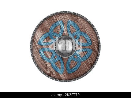 Old decorated wooden round shield isolated on white background Stock Photo