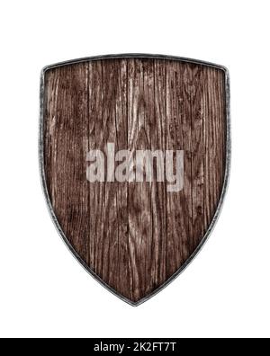 Old wooden shield isolated on white background Stock Photo