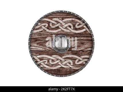 Old decorated wooden round shield isolated on white background Stock Photo