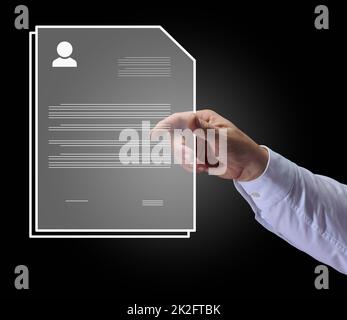 Man's hand holds a virtual resume of a candidate for a position in a company. Search for talented and good employees, promotion Stock Photo