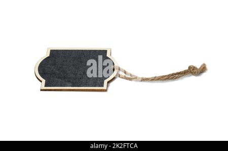 rectangular empty chalk plate on a brown rope. White isolated background Stock Photo