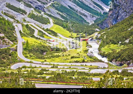 Stelvio mountain pass or Stilfser Joch scenic road serpentines view Stock Photo