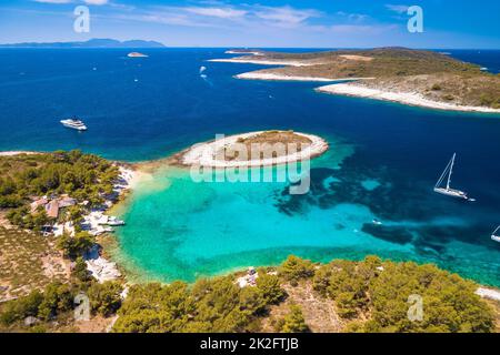 Pakleni otoci Marinkovac island turquoise bay yachting destination aerial view, Hvar island Stock Photo