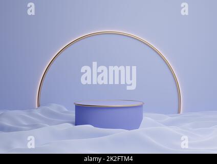 Light, pastel blue 3D rendering luxurious product display podium or stand minimal composition with golden arch line in background and light Stock Photo