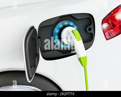 Electric car plugged to charging station. 3D illustration Stock Photo