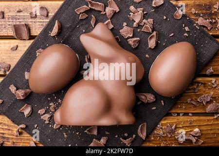 Delicious Easter chocolate bunny, eggs and sweets Stock Photo