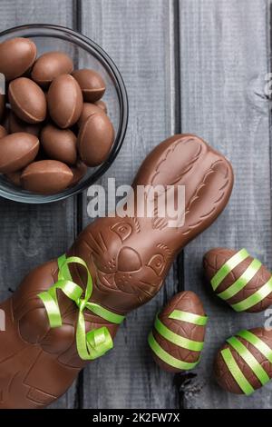 Delicious Easter chocolate bunny, eggs and sweets Stock Photo