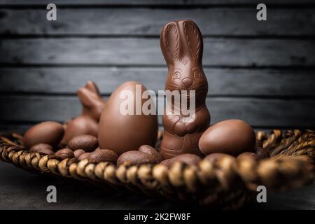 Delicious Easter chocolate bunny, eggs and sweets Stock Photo