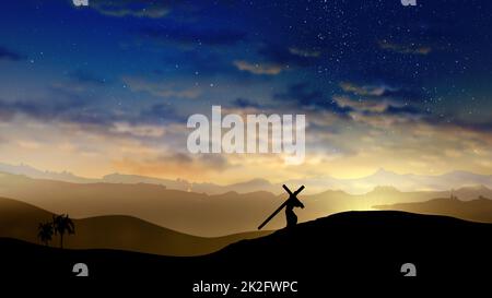 Jesus Christ ascending the hill with the cross behind him Stock Photo