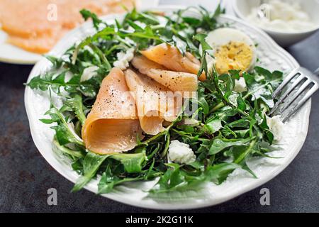 Dandelion salad smoked salmon Stock Photo